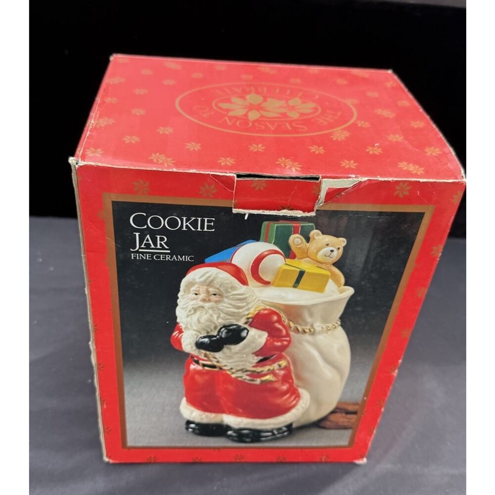 Vintage Mervyns Ceramic Christmas Cookie Jar Santa holding Toy Sack original box